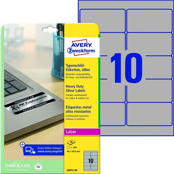 Folienetiketten 96x50,8 silber AVERY ZWECKFORM L6012-20 wetterfest