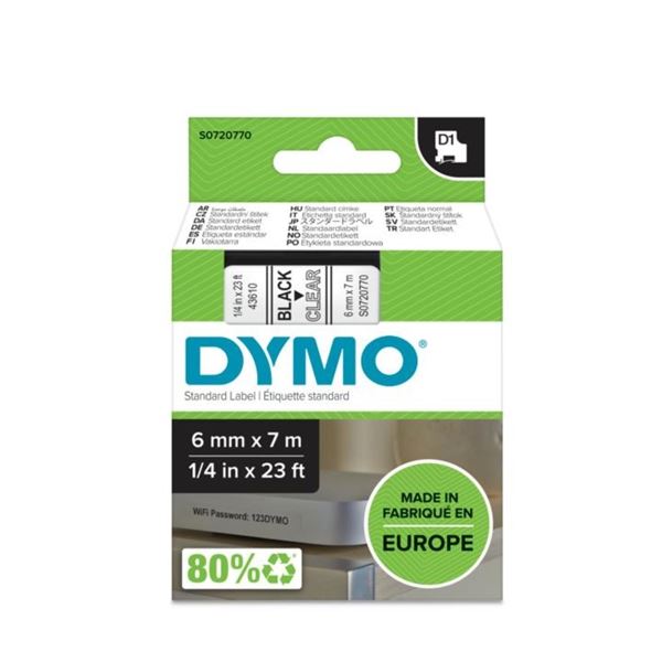 Klebeband Dymo D1 6 mm breit, schwarz/transparent