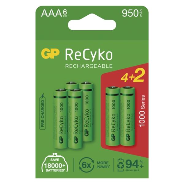 Wiederaufladbare Batterien GP ReCyko-AAA,HR03,950 mAh,6 Stück