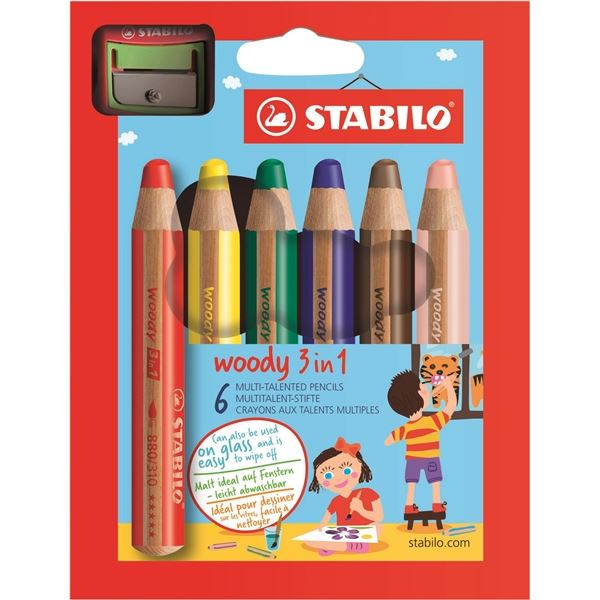 Stabilo Woody Buntstifte 3in1, 6er Set mit Anspitzer
